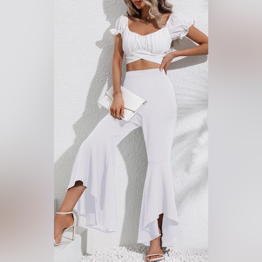 Women's Bell Bottom Pants High Waisted Long Stretchy Comfy High Low Hem Flared